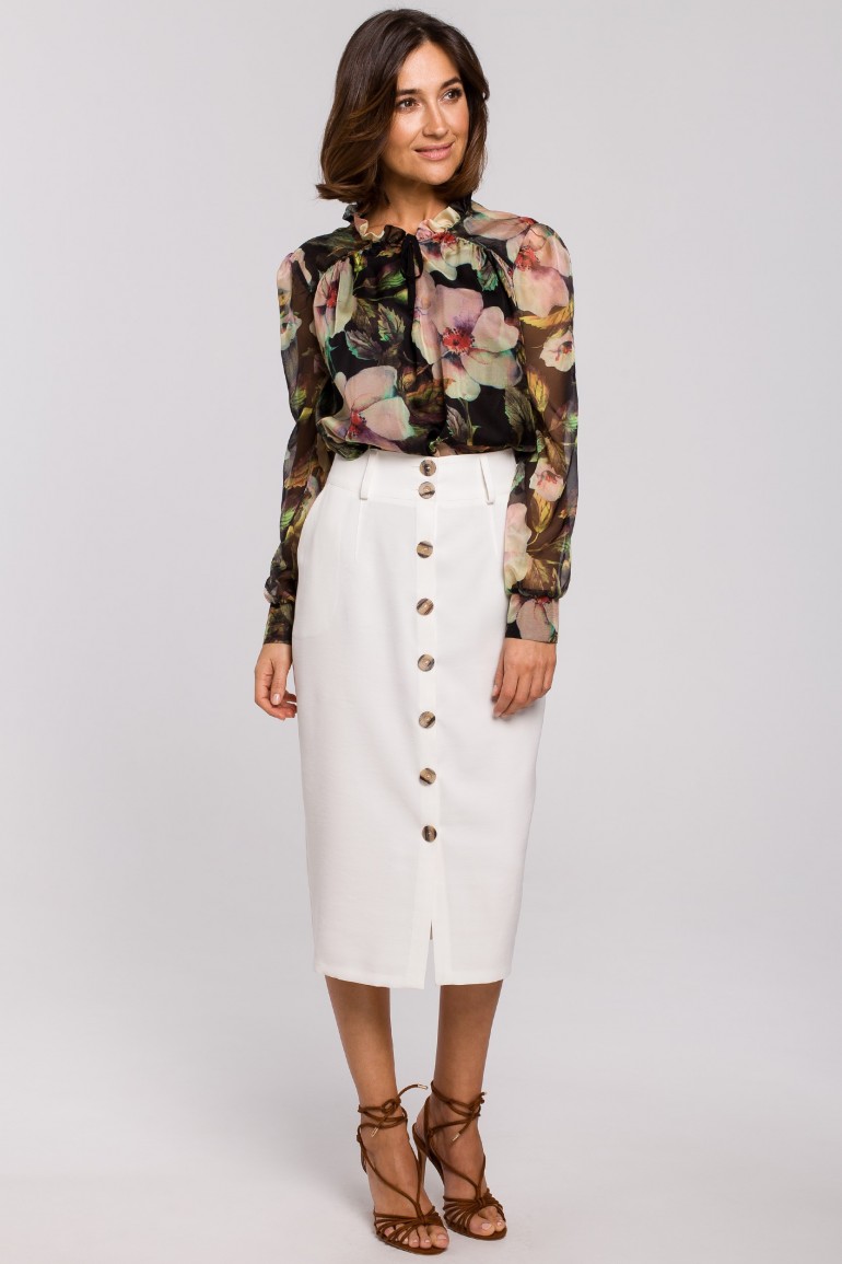 CM5170 Bluzka szyfonowa w kwiaty z długim rękawem - czarna