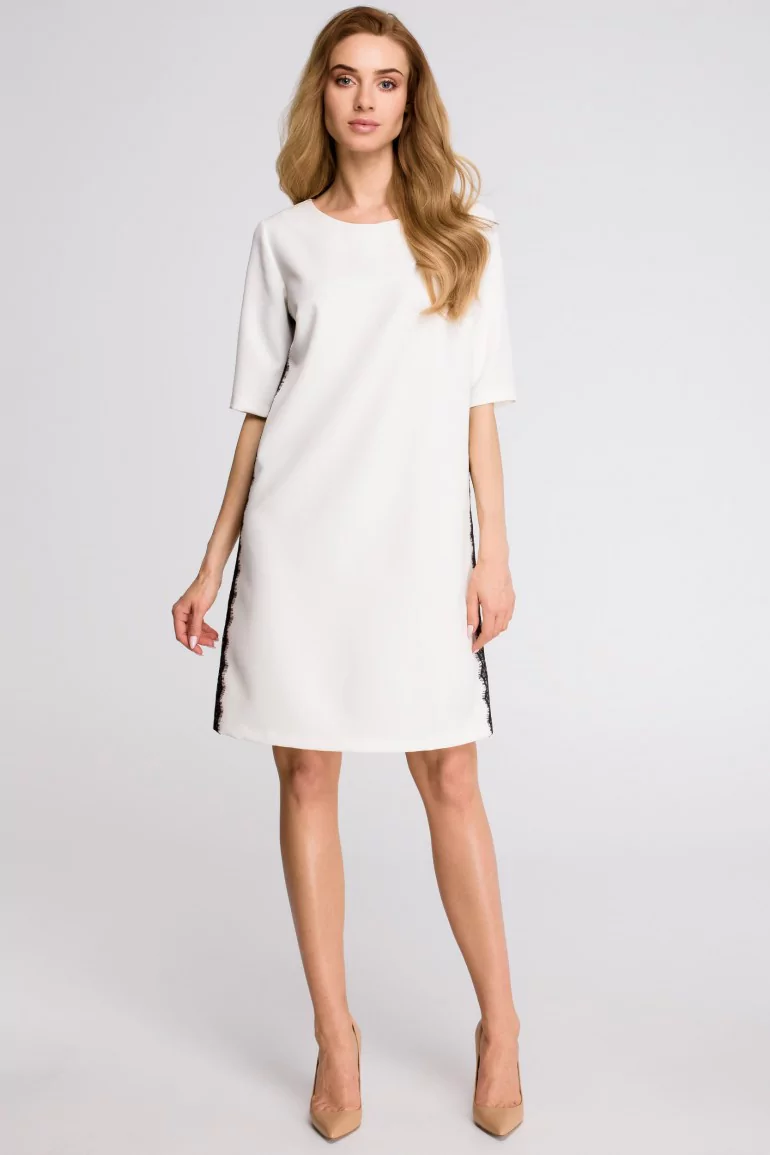 CM3623 Sukienka z lampasem z koronki - ecru