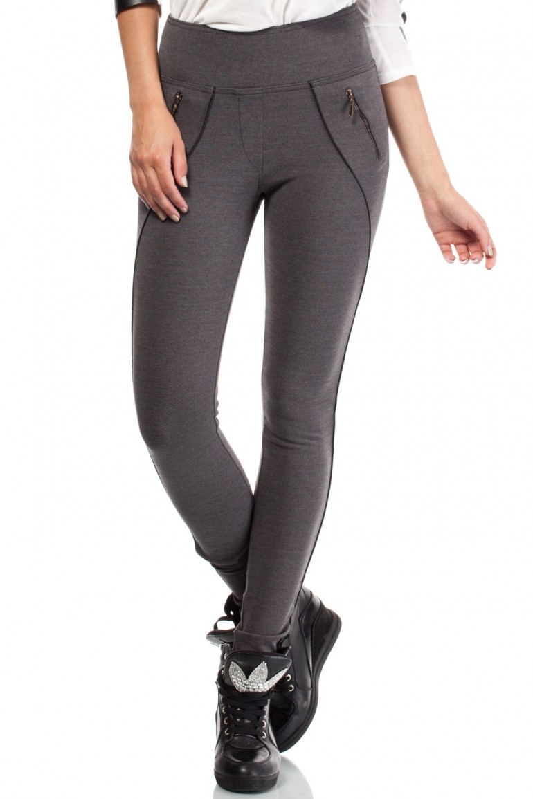 CM1815 Stylowe legginsy z zamkami i skórzanymi wstawkami z tyłu - grafitowe