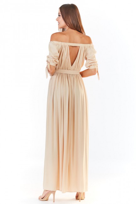 Zwiewna sukienka maxi z odkrytymi plecami - beżowa