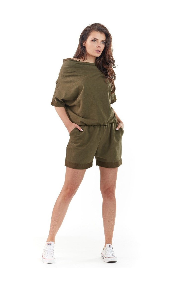 CM3724 Dresowy kombinezon ze ściągaczem w talii - khaki