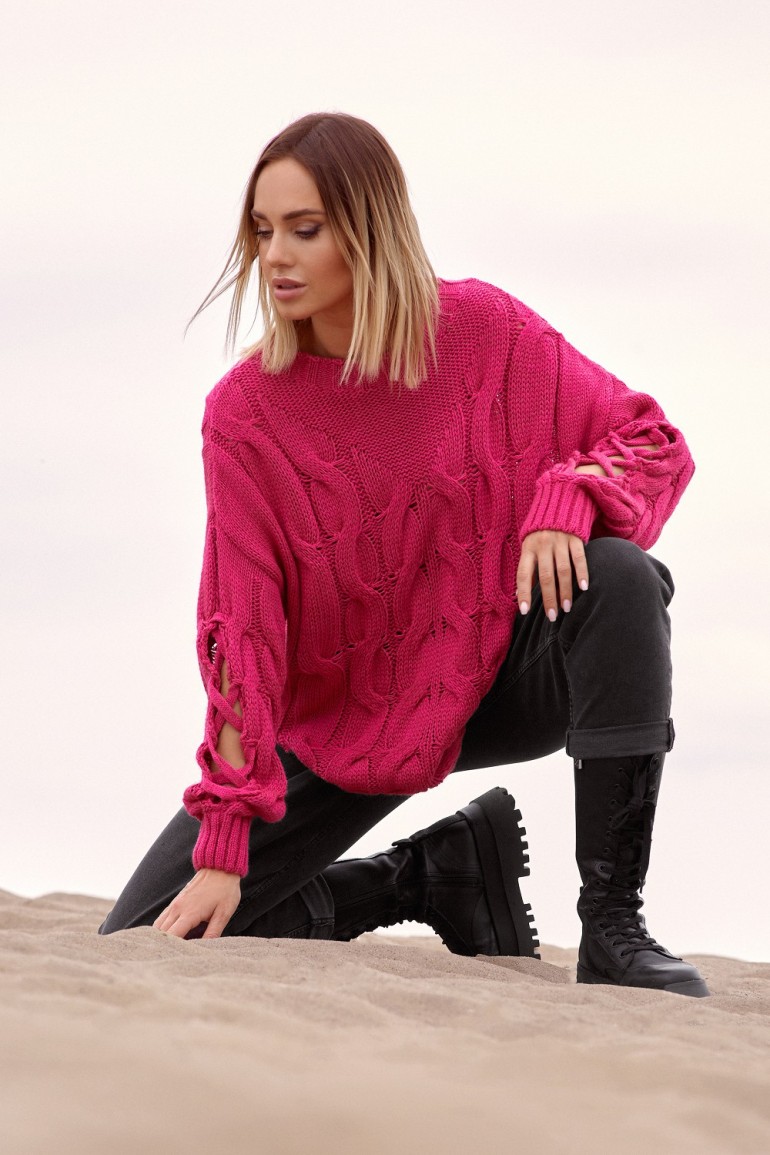 CM5436 Sweter z dziurami na rękawach - fuksja