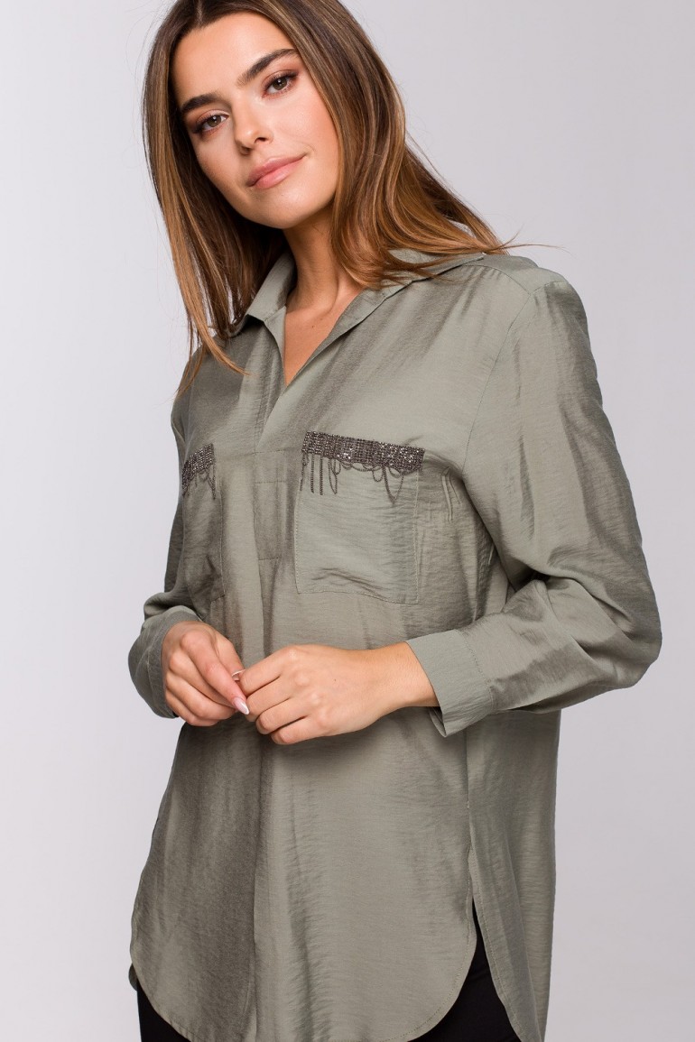 CM5537 Bluzka koszulowa z ozdobami - khaki