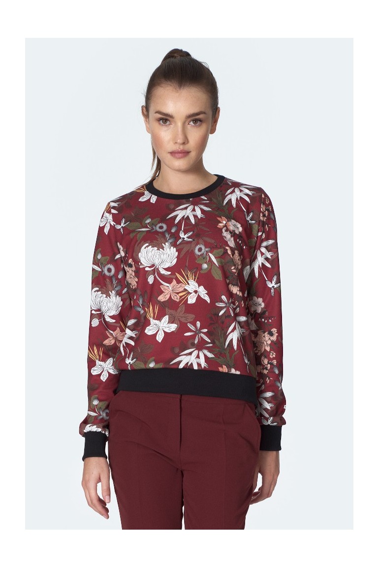 CM5596 Bluza w kwiaty ze ściągaczem - bordowa