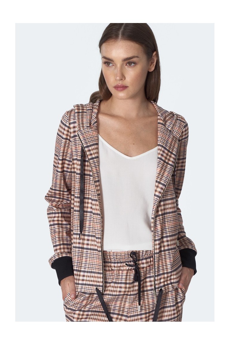 CM5607 Wiązana bluza z kapturem - beżowa-krata