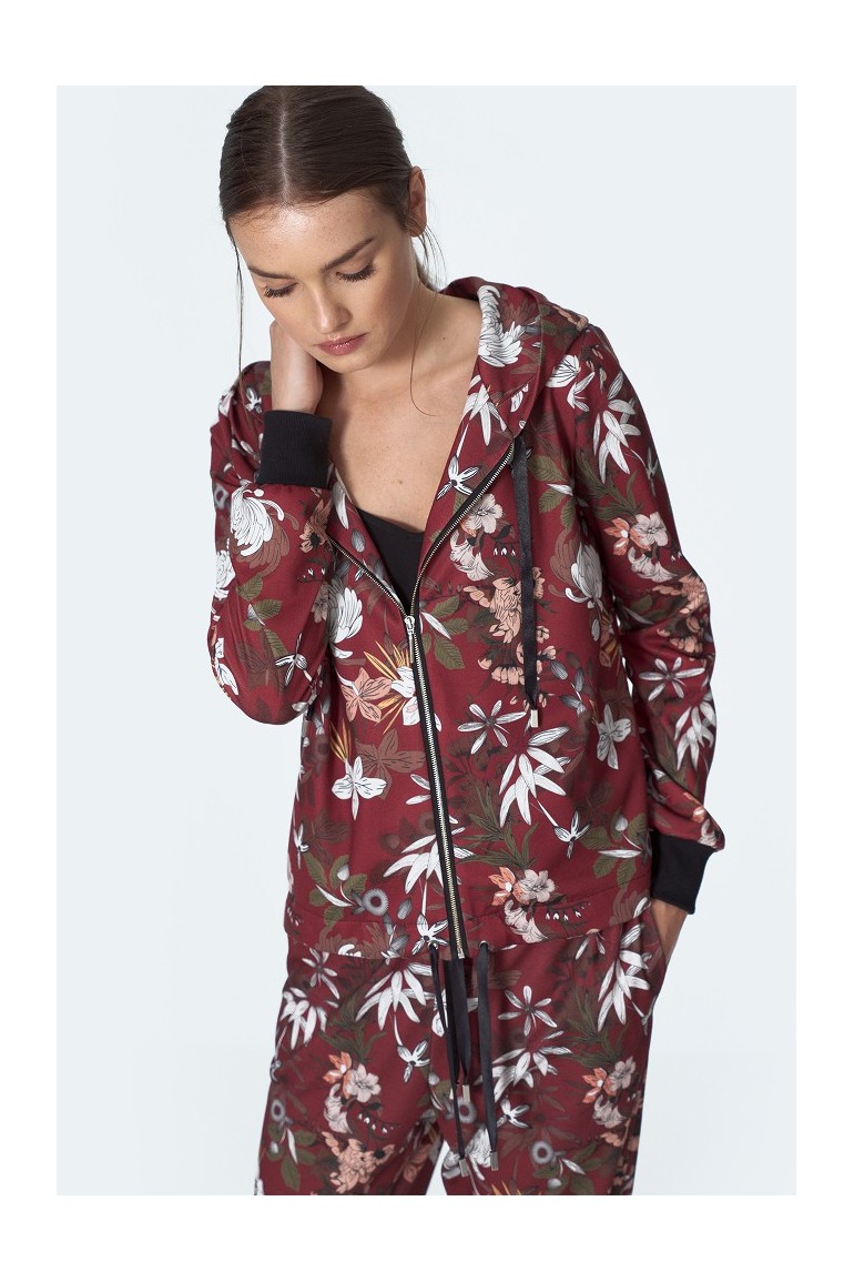 CM5607 Wiązana bluza z kapturem - bordowa-kwiaty