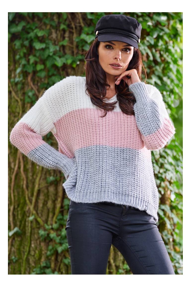 CM5681 Trójkolorowy sweter z dekoltem w serek - różowy