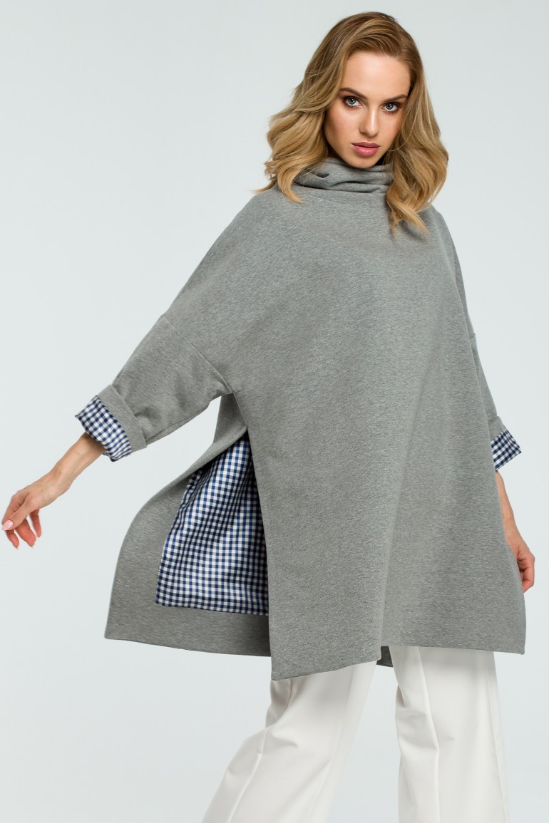 CM3806 Luźna bluza z wysokim kołnierzem - szara