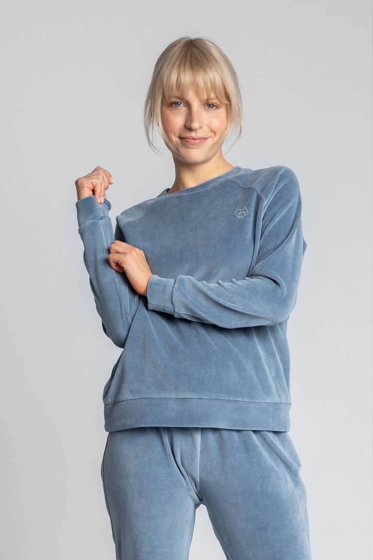 CM5705 Welurowa bluza z raglanowymi rękawami - niebieska