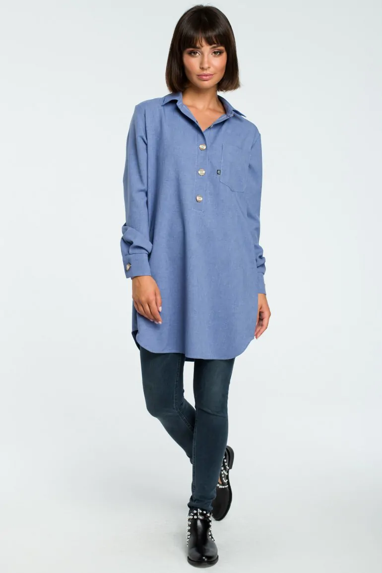 CM3815 Tunika koszulowa z kołnierzykiem - niebieska