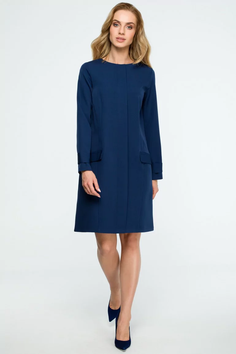 CM3835 Gładka sukienka z klapami - granatowa