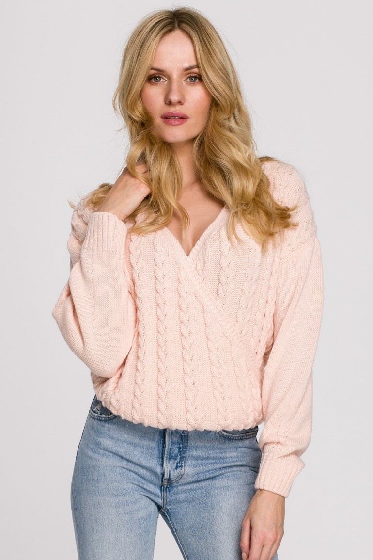 CM5906 Krótki sweter na zakładkę - brzoskwiniowy