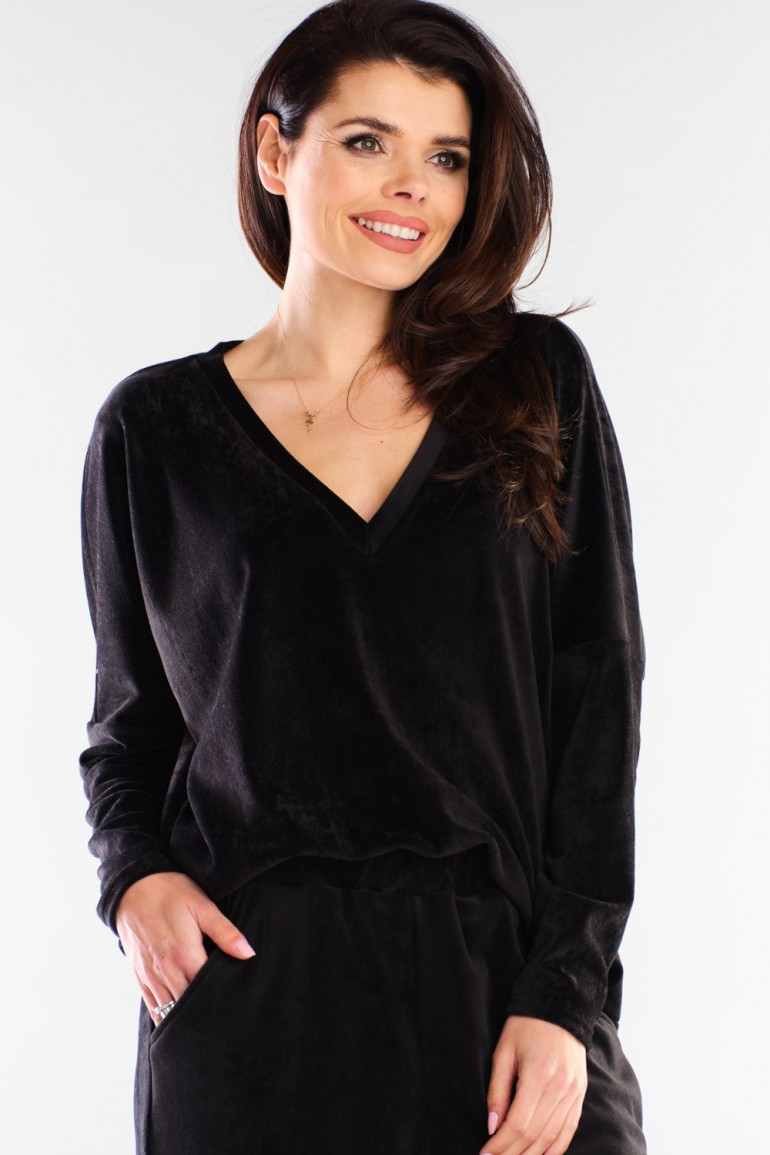 CM6006 Luźna bluza welurowa z dekoltem V - czarna