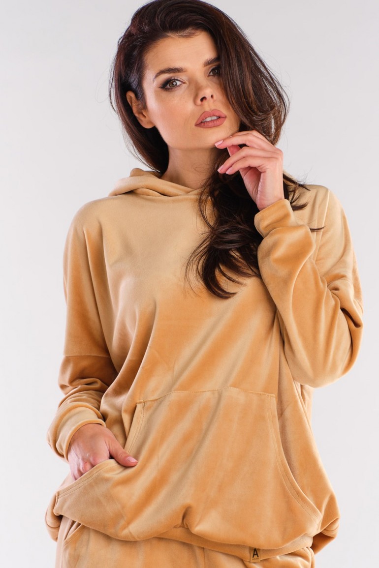 CM6009 Welurowa bluza z kapturem - beżowa