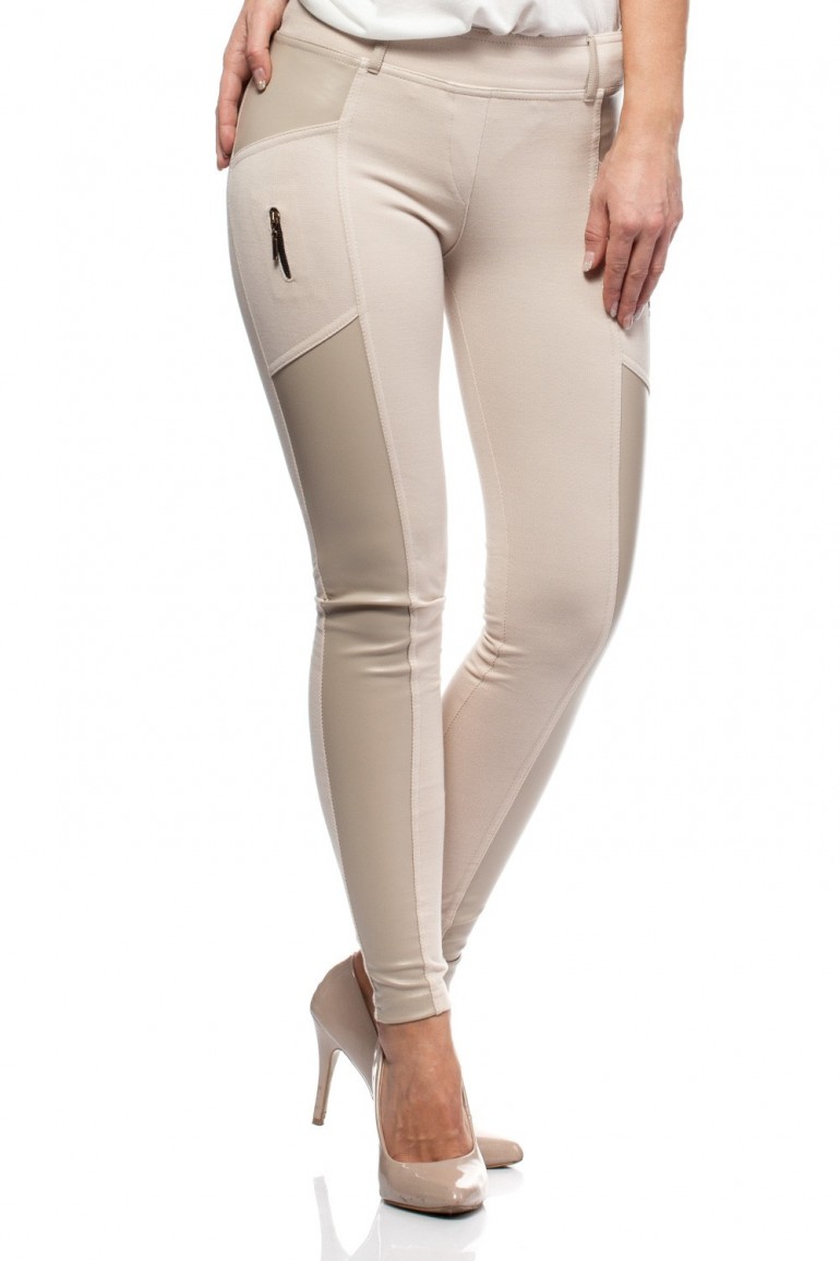 CM0301 Legginsy spodnie z zameczkami i wstawką ze skóry - ecru