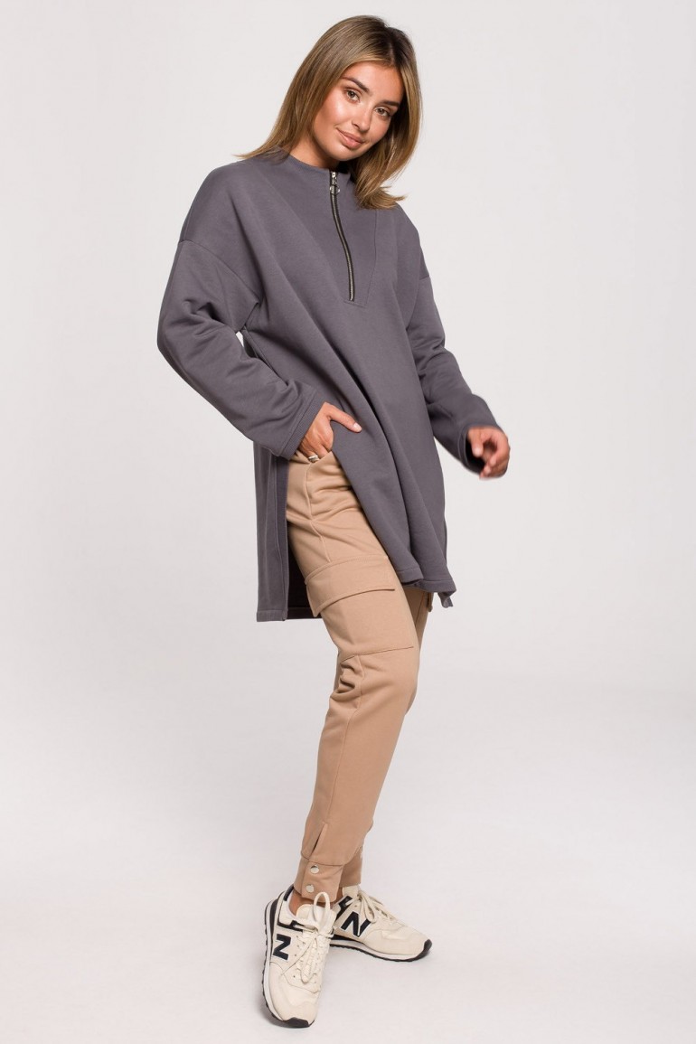 CM6198 Bluza - tunika z zamkiem i rozporkami po bokach - antracytowa