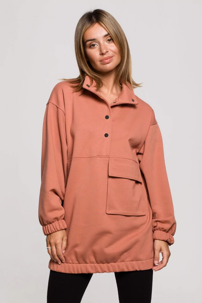 CM6199 Bluza - tunika z dużą kieszenią i napami - ceglasta