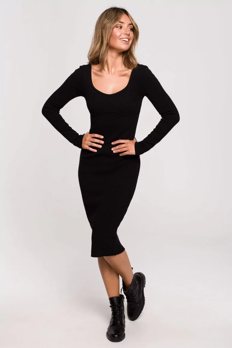 CM6204 Sukienka midi z dzianiny prążkowanej - czarna