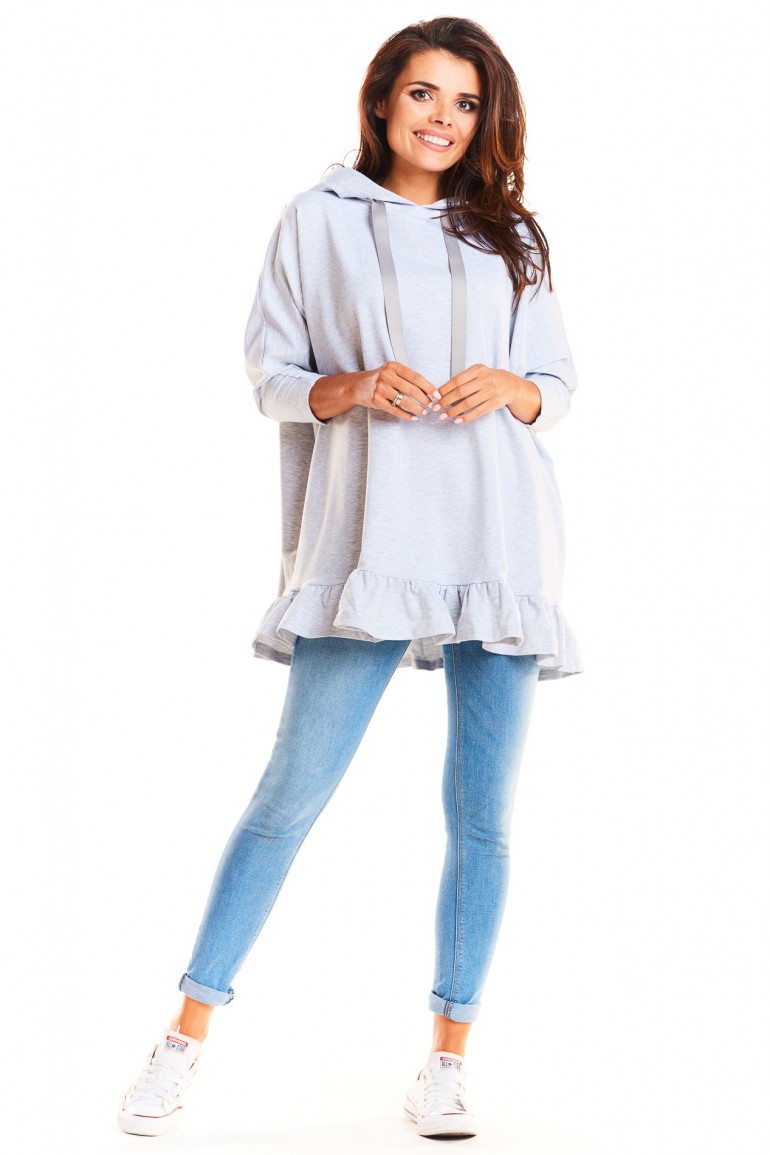 CM3962 Luźna bluza z kapturem i falbanką - szara