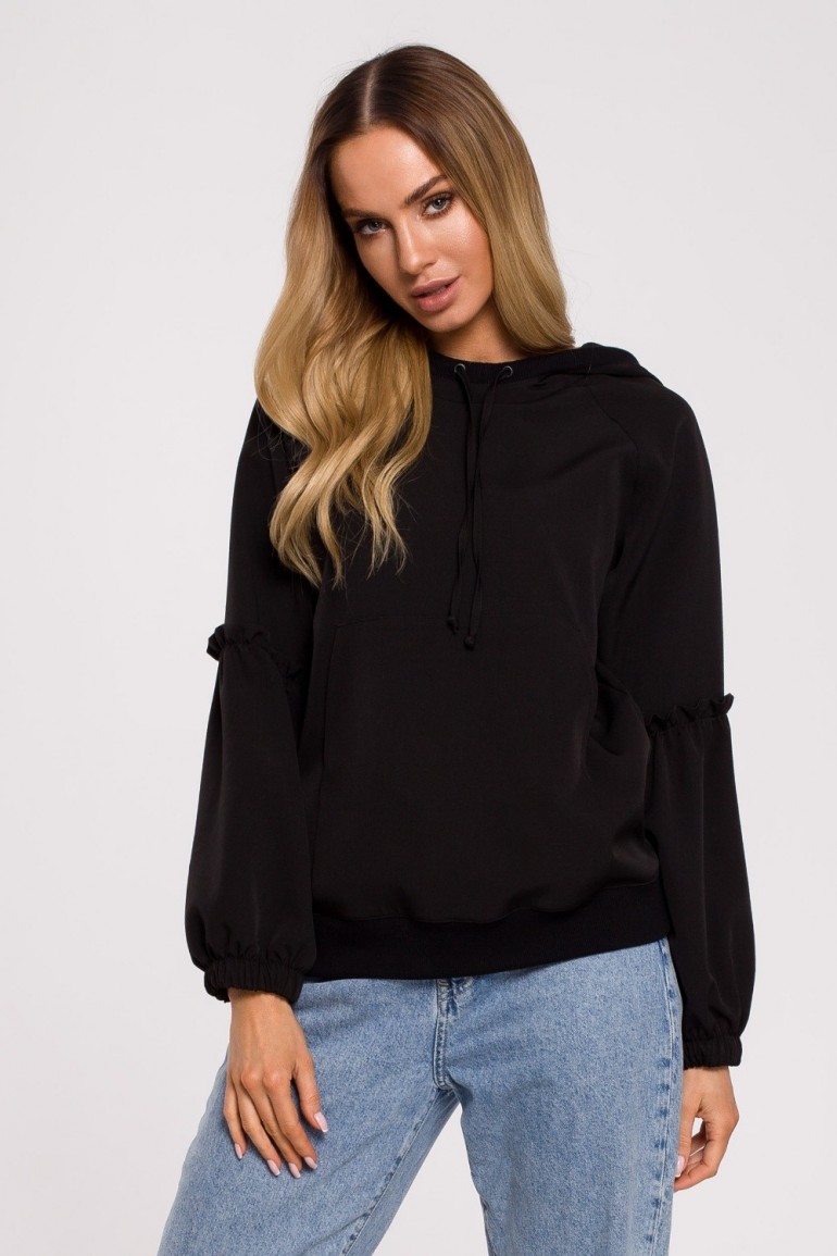CM6226 Elegancka bluza z kieszenią kangurek - czarna