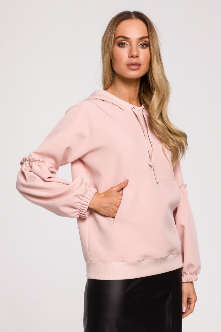 CM6226 Elegancka bluza z kieszenią kangurek - pudrowa