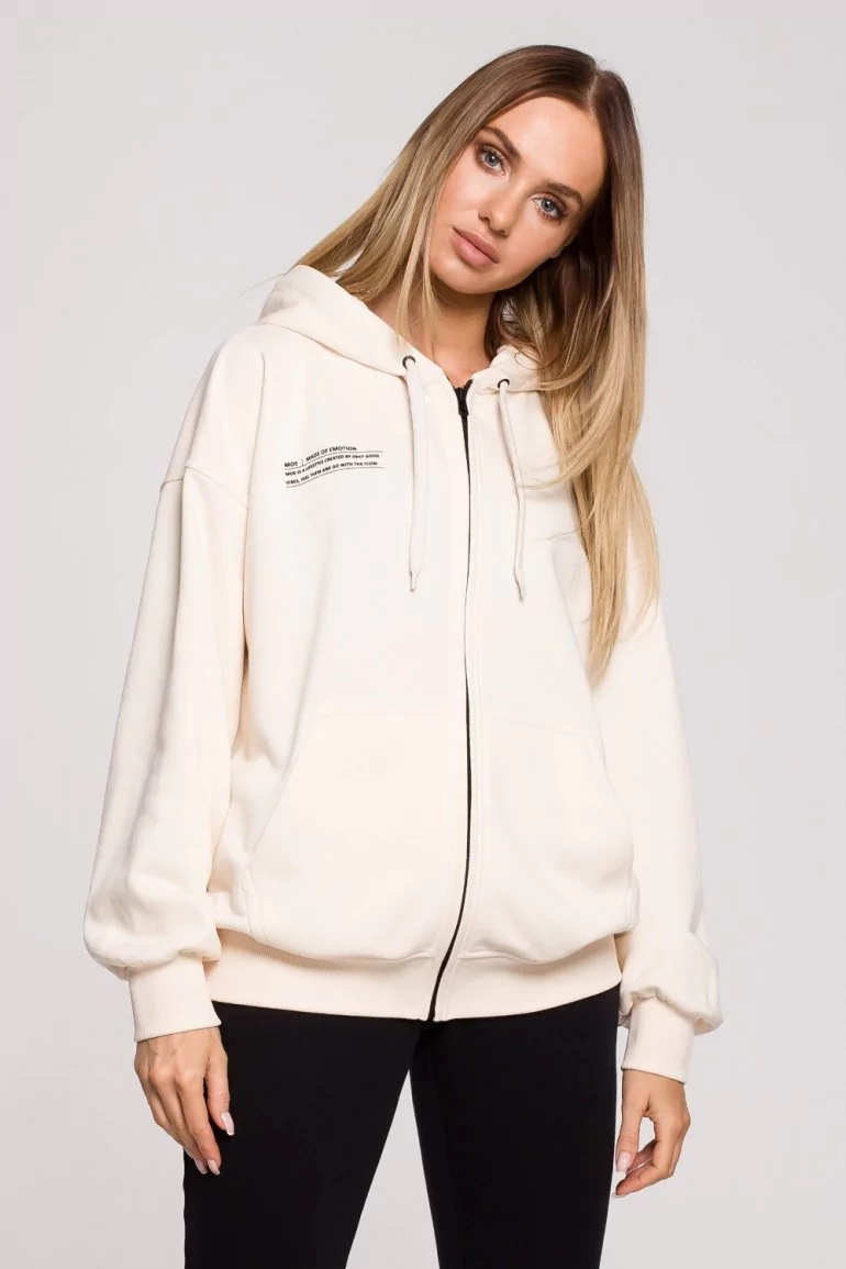 CM6231 Bluza zasuwana na zamek z kapturem i nadrukiem - waniliowa