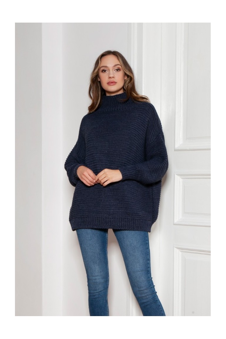 CM6352 Sweter oversize z golfem - granatowy