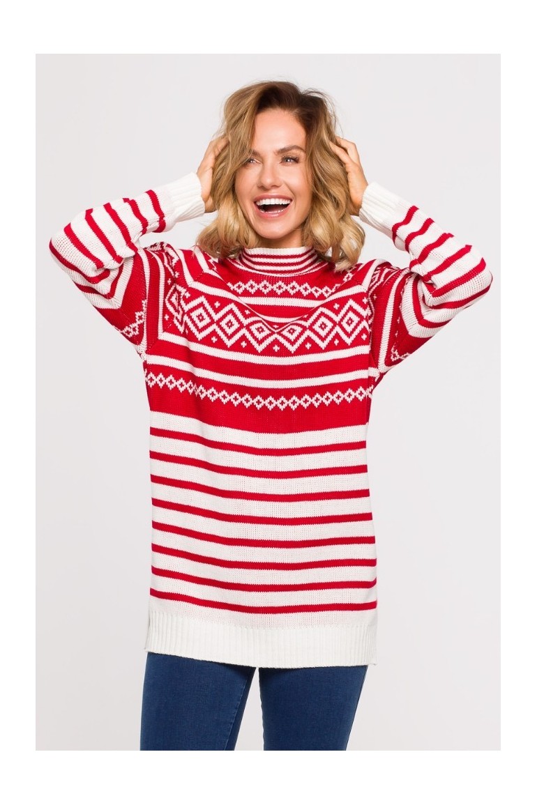 EM0008 Długi sweter z golfem - czerwony