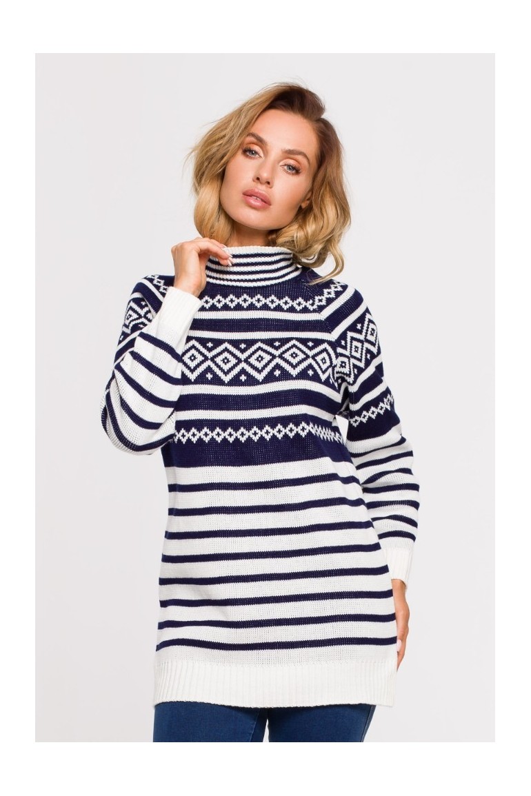 EM0008 Długi sweter z golfem - granatowy