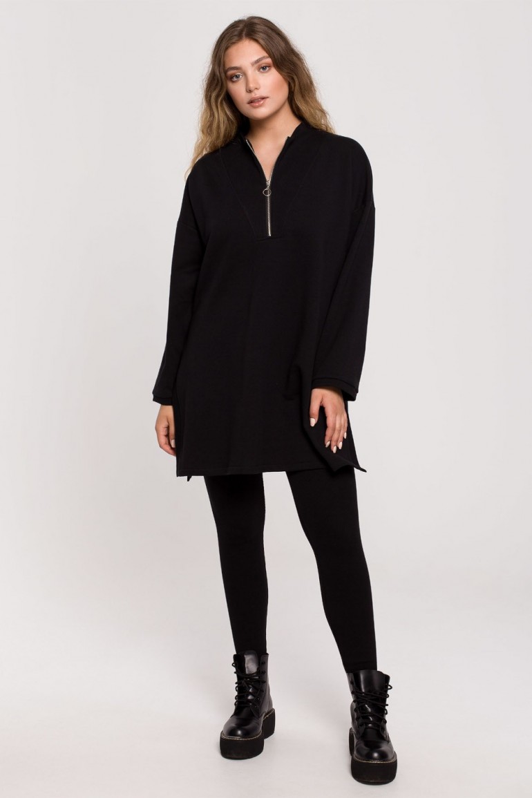 CM6198 Bluza - tunika z zamkiem i rozporkami po bokach - czarna OUTLET