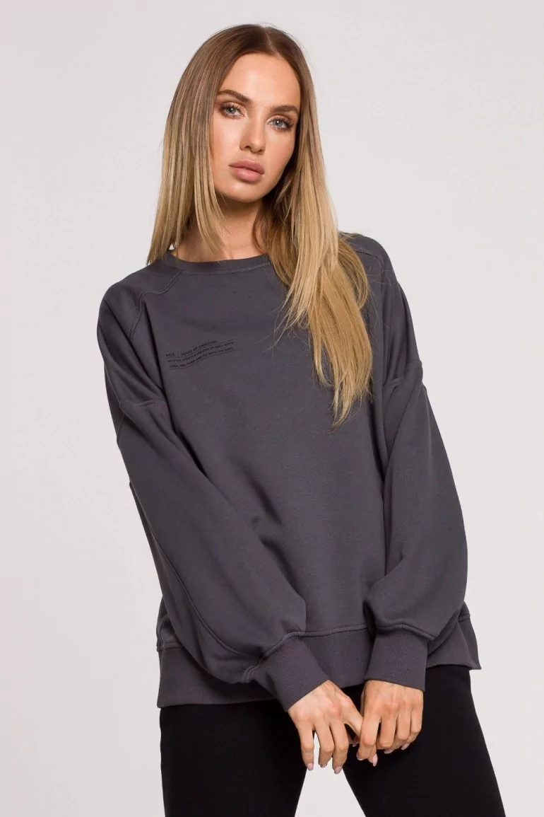 CM6230 Bluza oversize z nadrukiem zakładana przez głowę - stalowa OUTLET