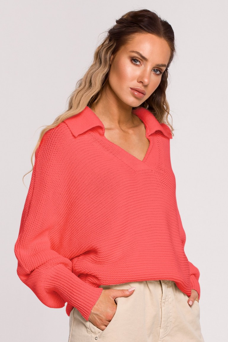 CM6545 Sweter oversize z kołnierzem - brzoskwiniowy