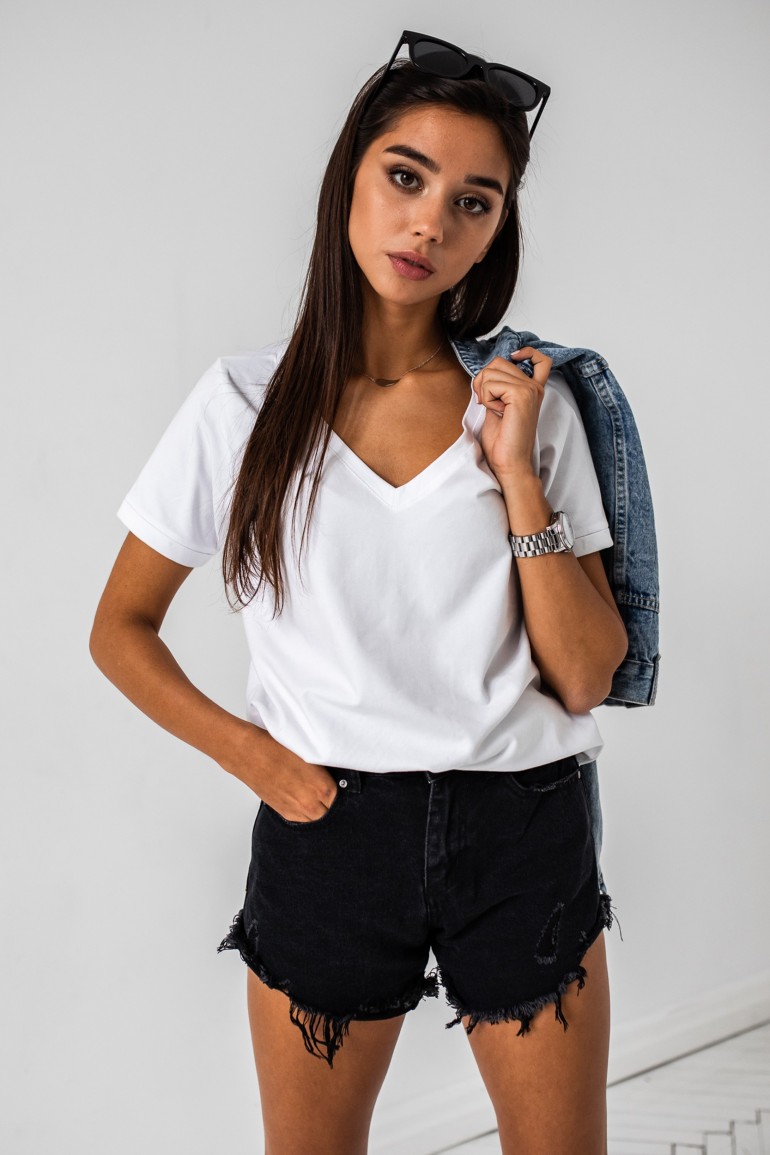 CM6651 Klasyczny t-shirt z dekoltem w serek - biały