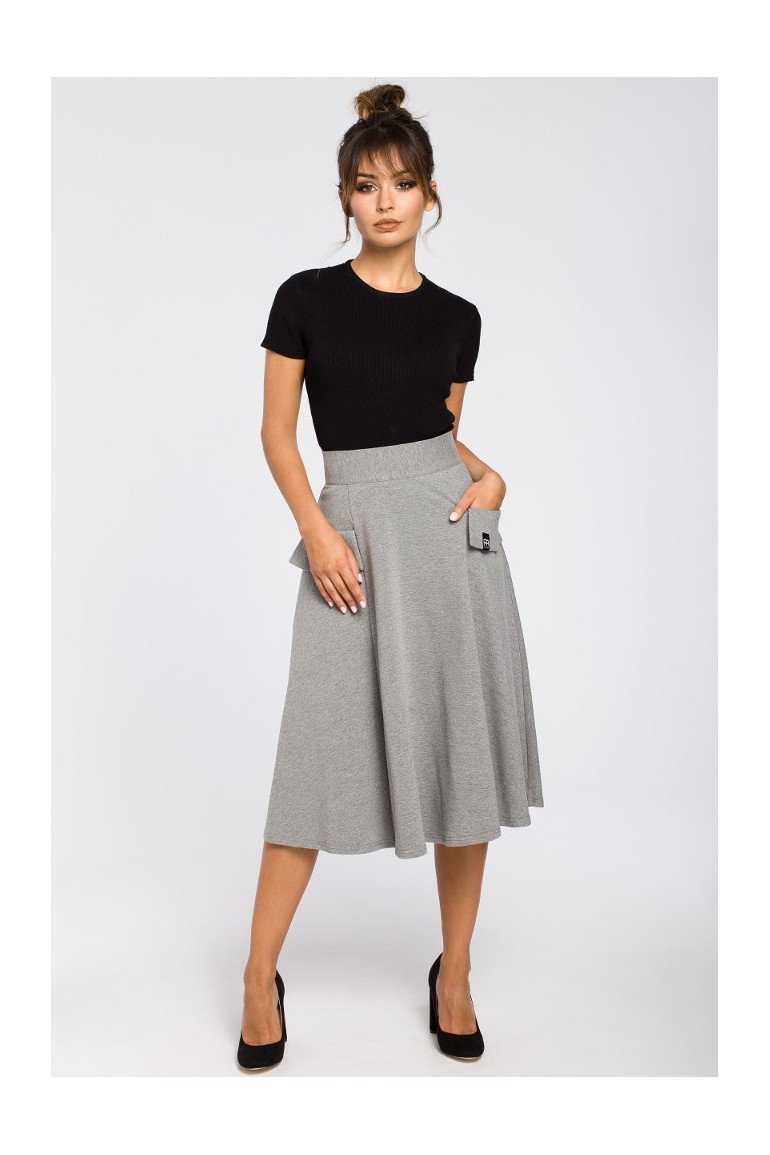 CM3184 Rozkloszowana spódnica midi z kieszeniami - szara