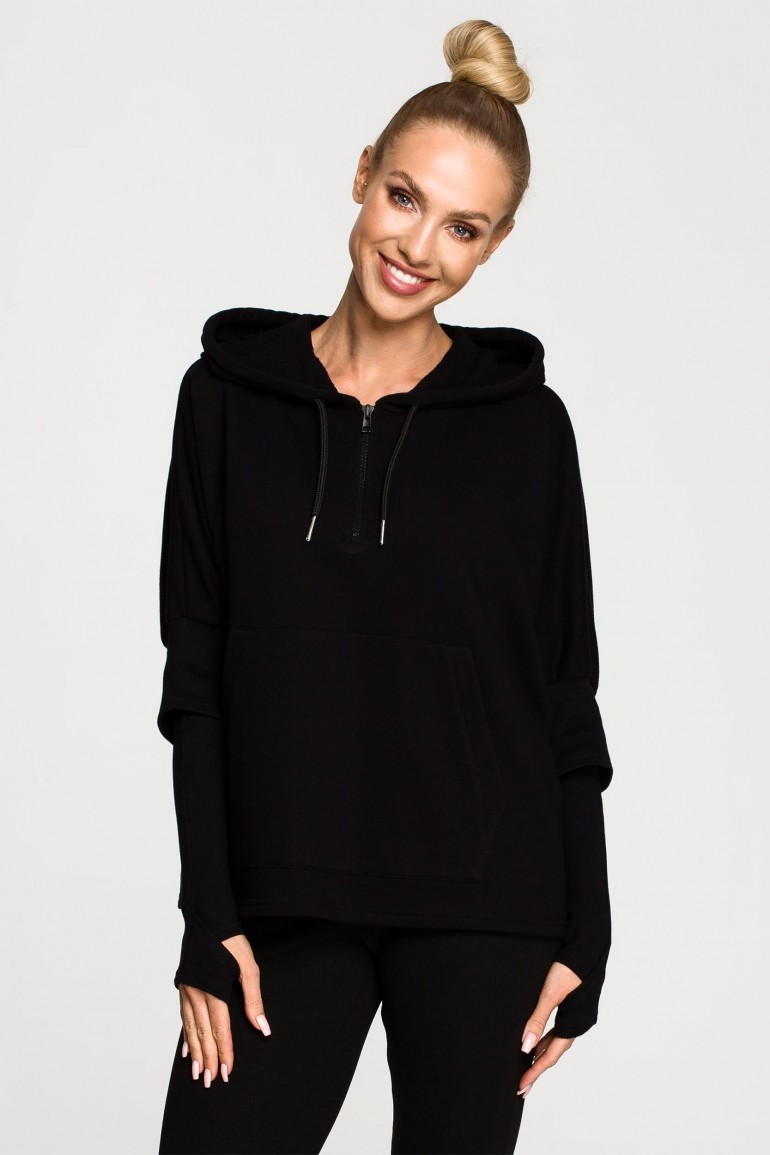CM6833 Bluza damska z kapturem i mankietami - czarna