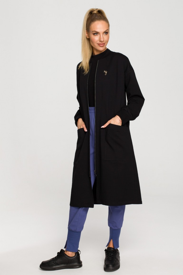 CM6838 Długa bluza z zamkiem i kieszeniami - czarna