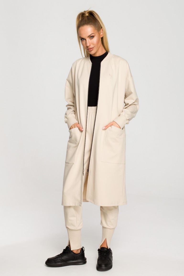 CM6838 Długa bluza z zamkiem i kieszeniami - piaskowa