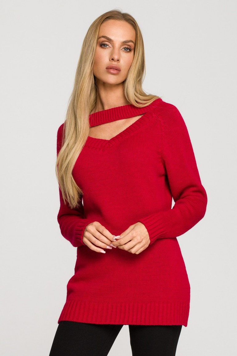 CM6855 Sweter o przedłużonym kroju z dekoltem V - malinowy