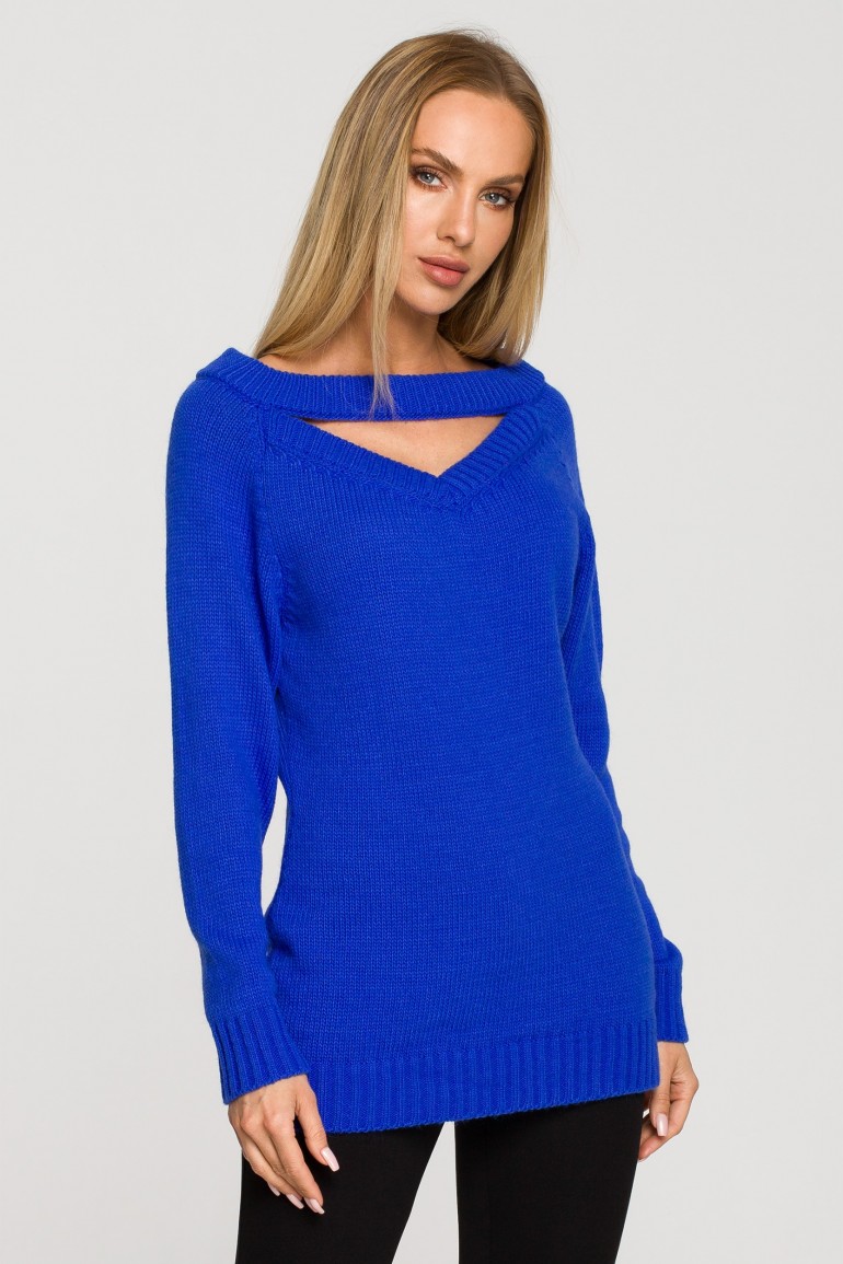 CM6855 Sweter o przedłużonym kroju z dekoltem V - szafirowy