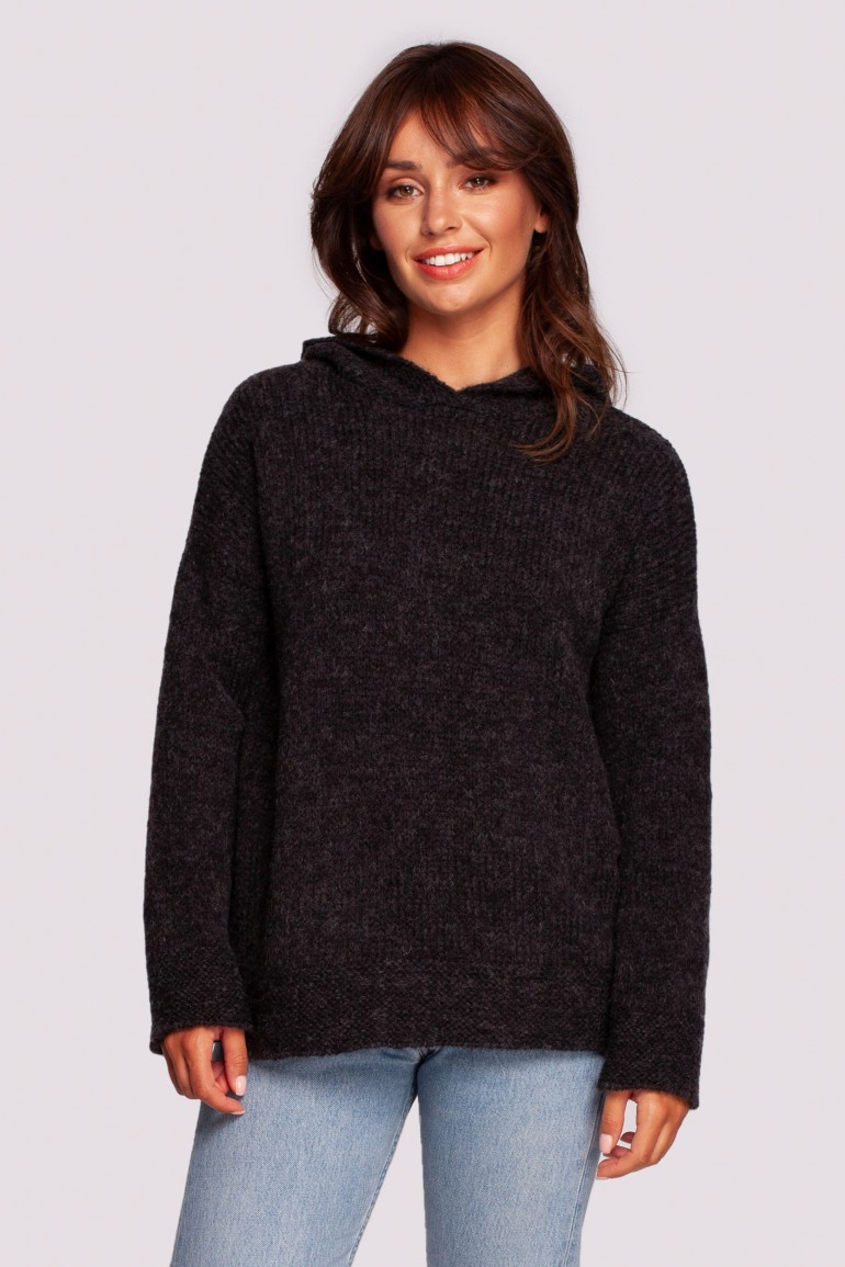 CM6878 Sweter damski z kapturem - antracytowy