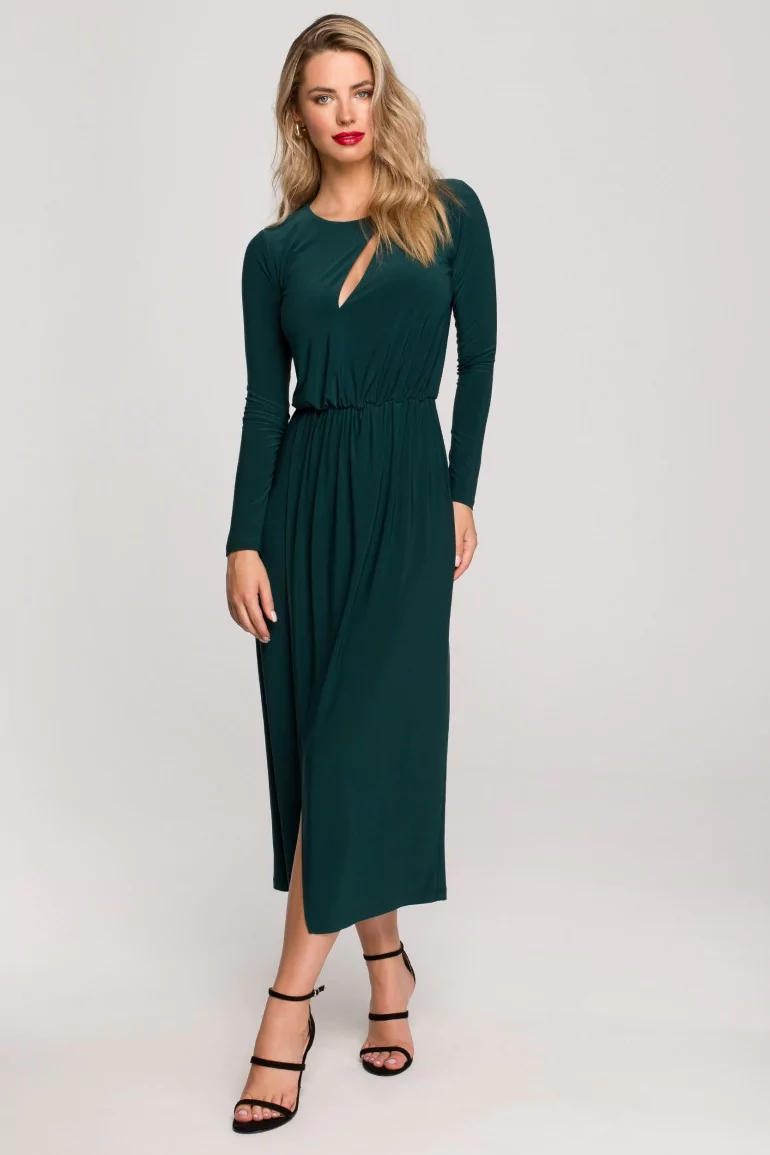CM6896 Sukienka maxi z rozcięciem w dekolcie - butelkowa zieleń