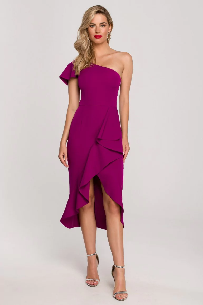 CM6903 Sukienka na jedno ramię z falbaną - rubinowa
