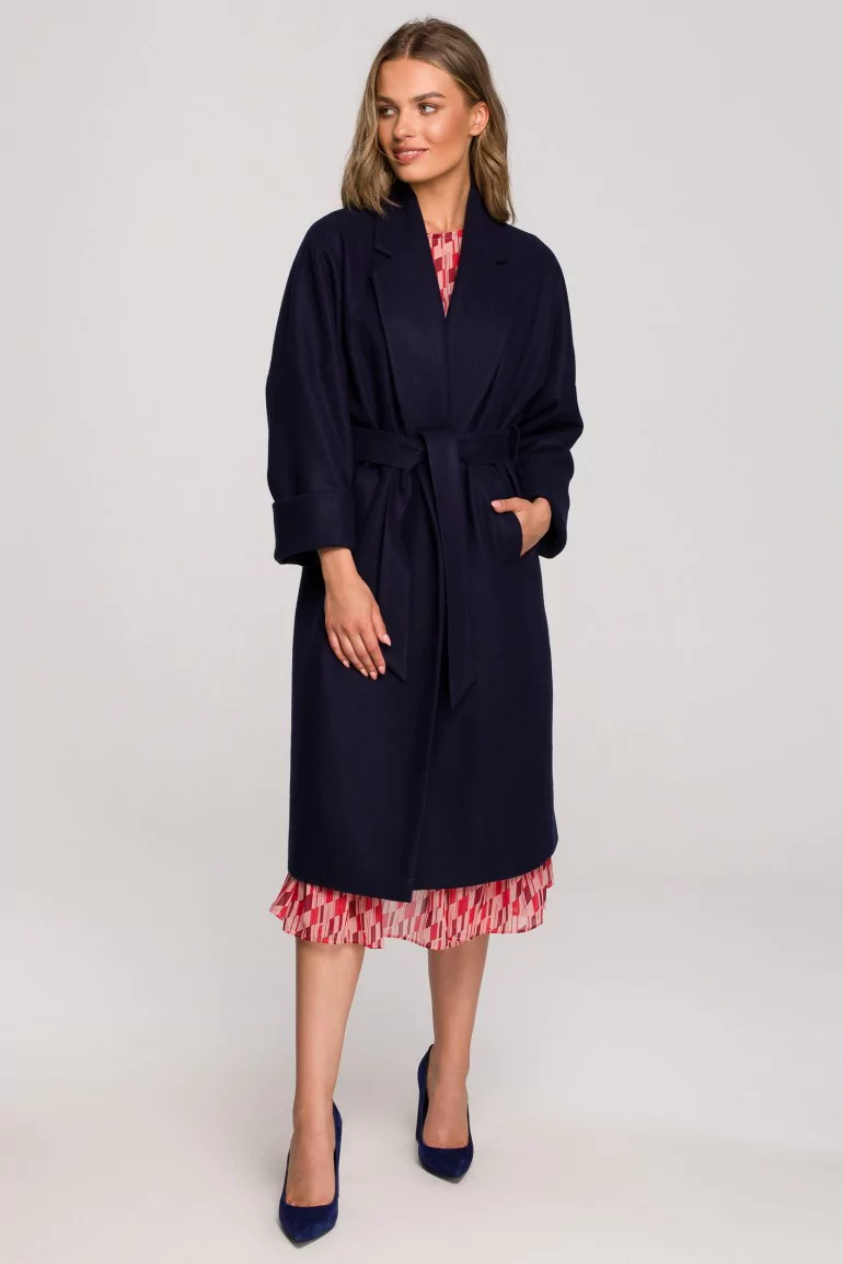 CM6927 Flauszowy płaszcz z paskiem - granatowy