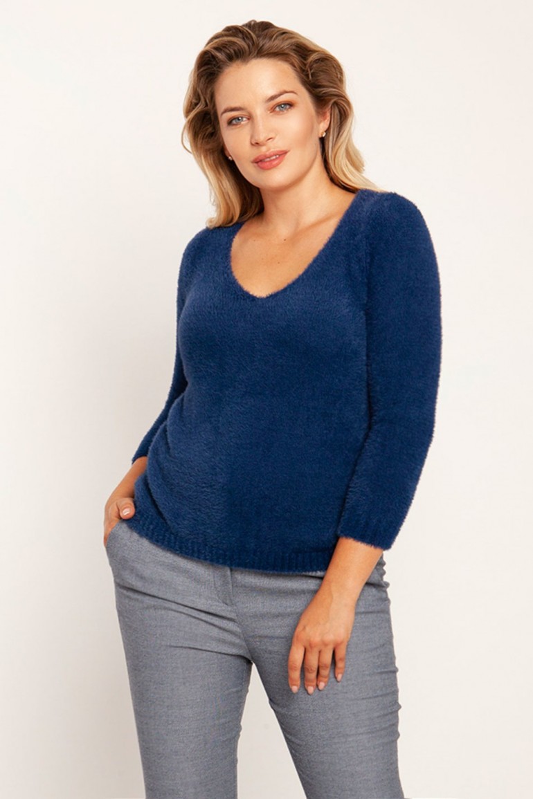 CM6785 Dopasowany sweter z dekoltem V - granatowy