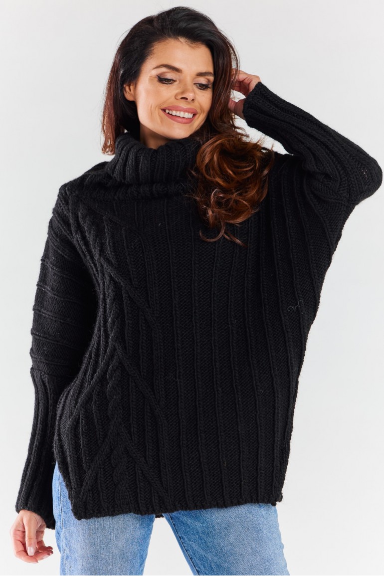 CM6964 Sweter oversize z golfem - czarny