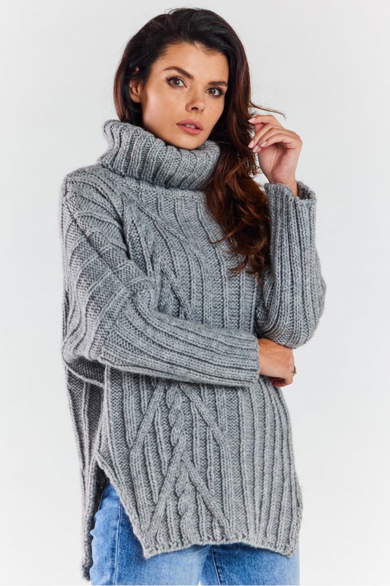 CM6964 Sweter oversize z golfem - szary