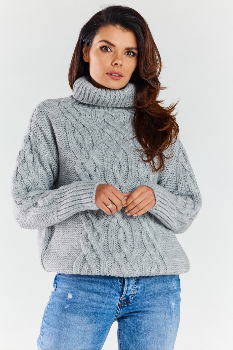 CM6965 Ciepły sweter z golfem - szary