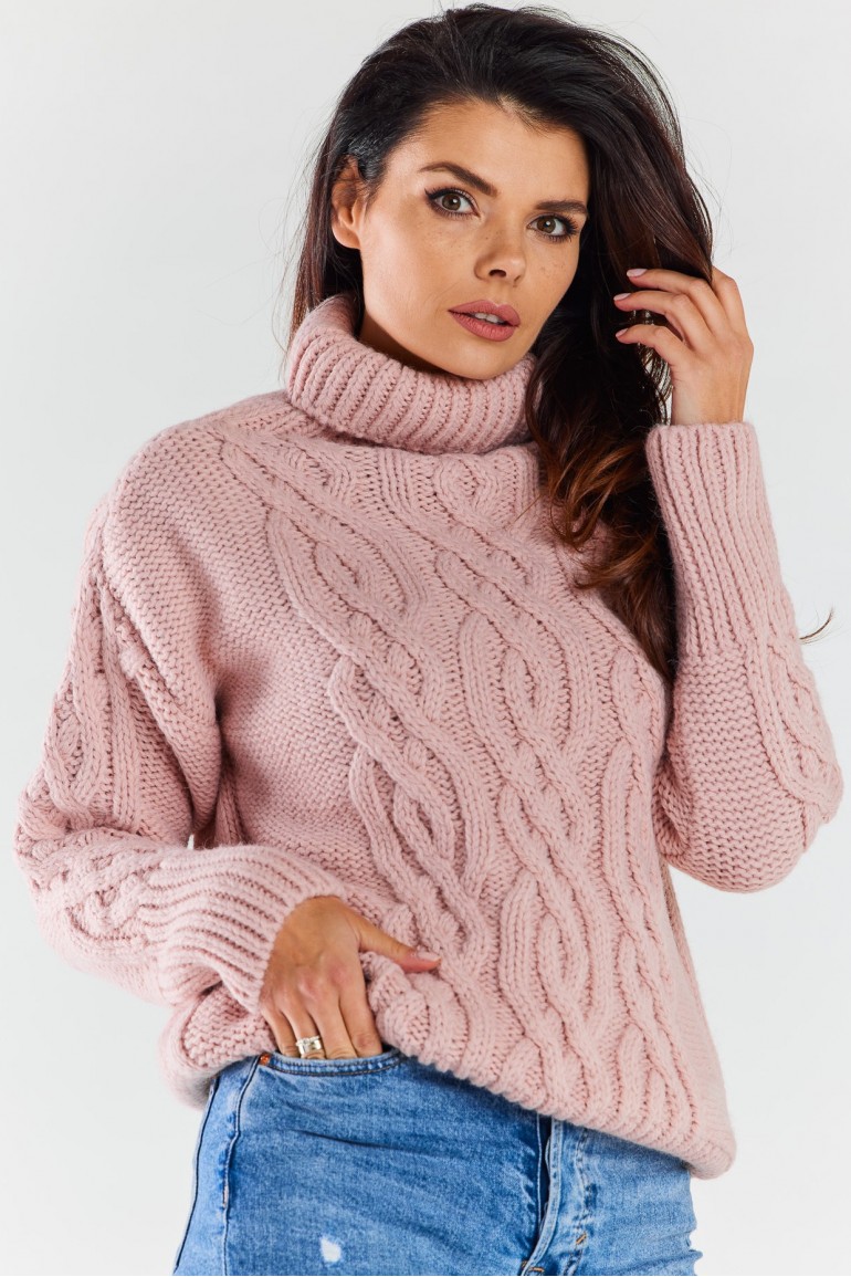 CM6965 Ciepły sweter z golfem - różowy