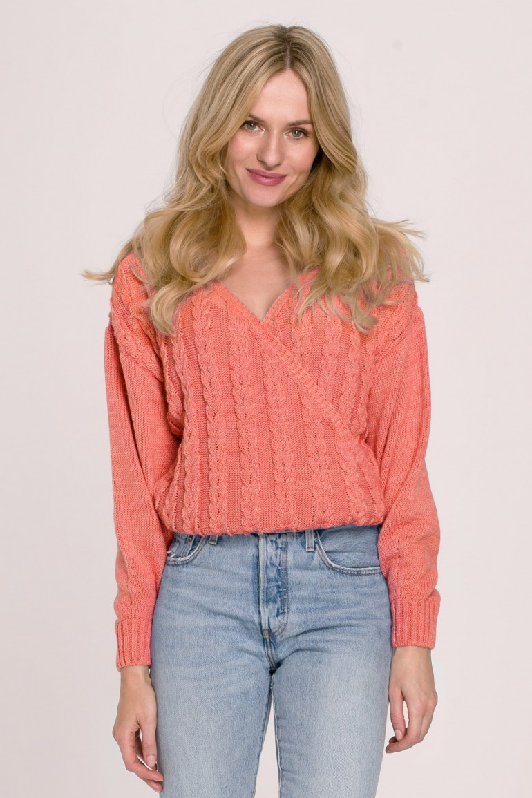 CM5906 Krótki sweter na zakładkę - koralowy