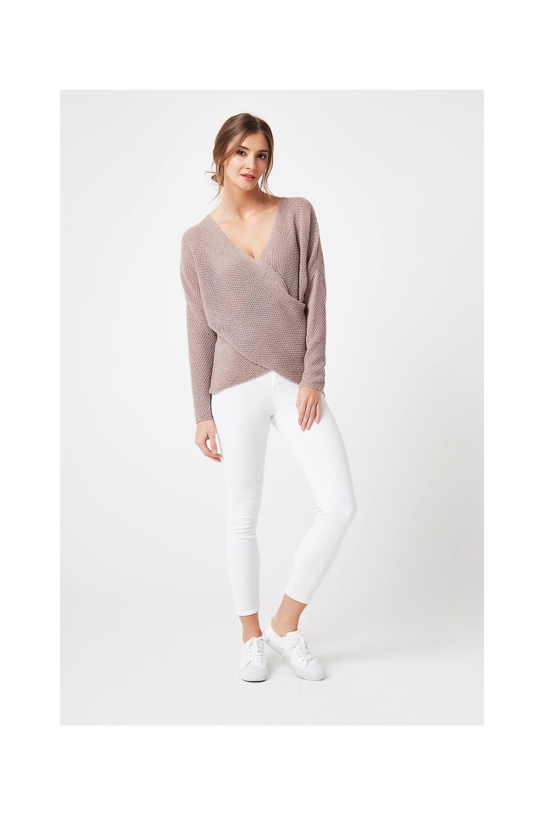 CM4209 Stylowy kopertowy sweter - beżowy